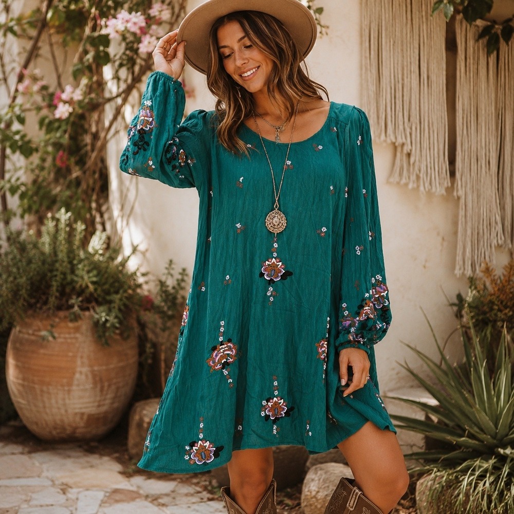 Free People Embroidered Mini Dress Womens Small Green Boho Gauze Long Sleeve